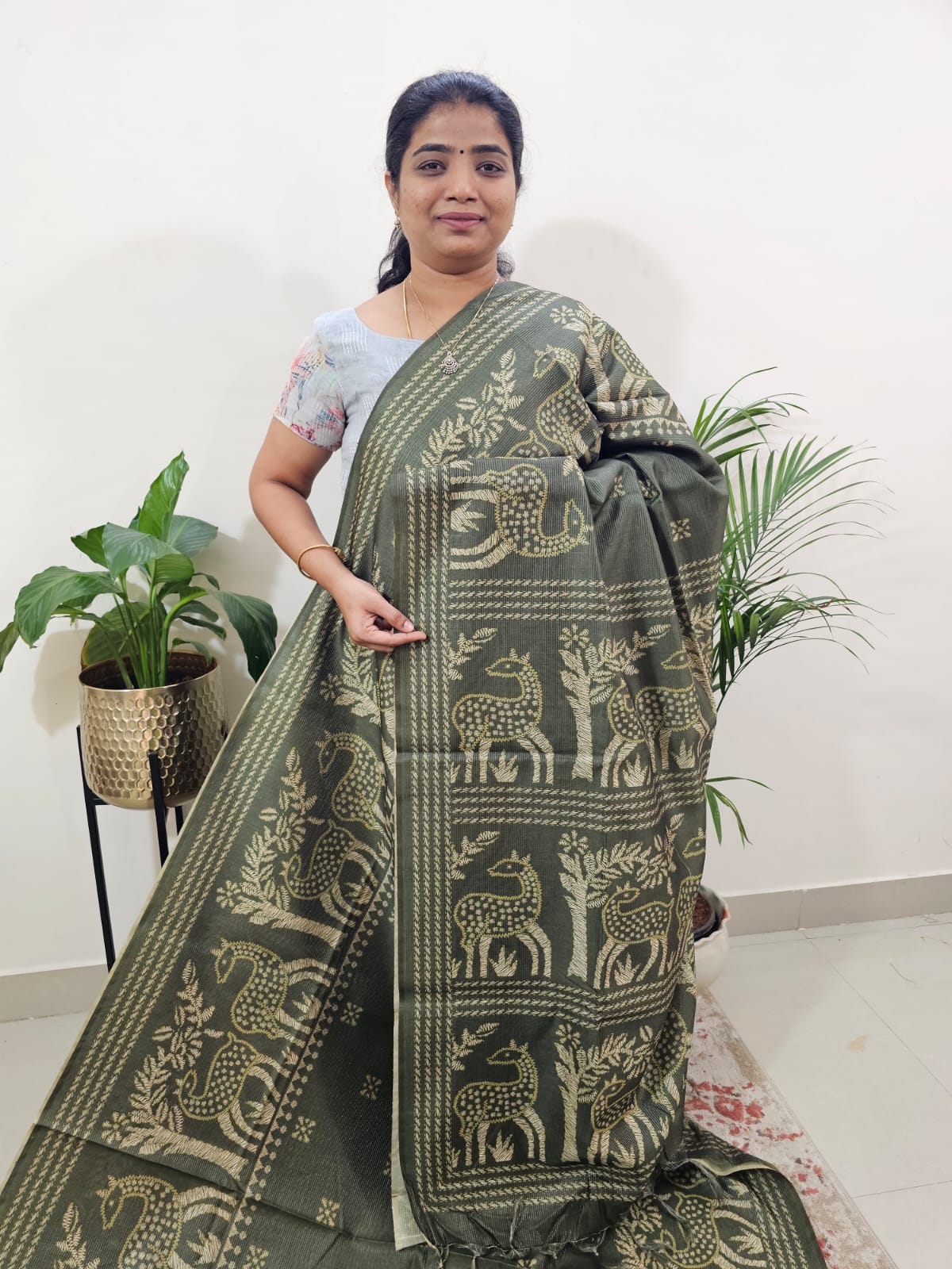 Semi Tussar with Striped Zari  Weaving Saree - Green