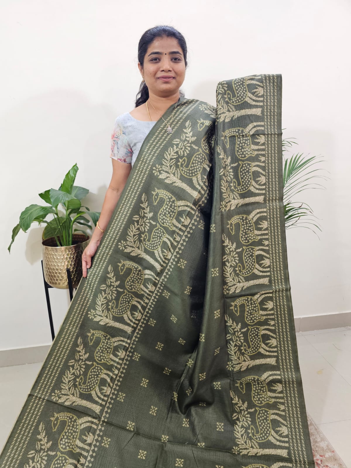 Semi Tussar with Striped Zari  Weaving Saree - Green