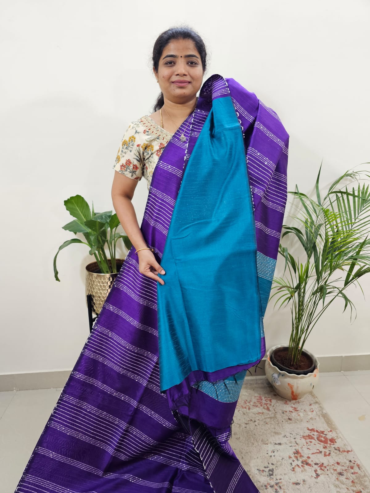 Semi Raw Silk Saree - Purple with Blue
