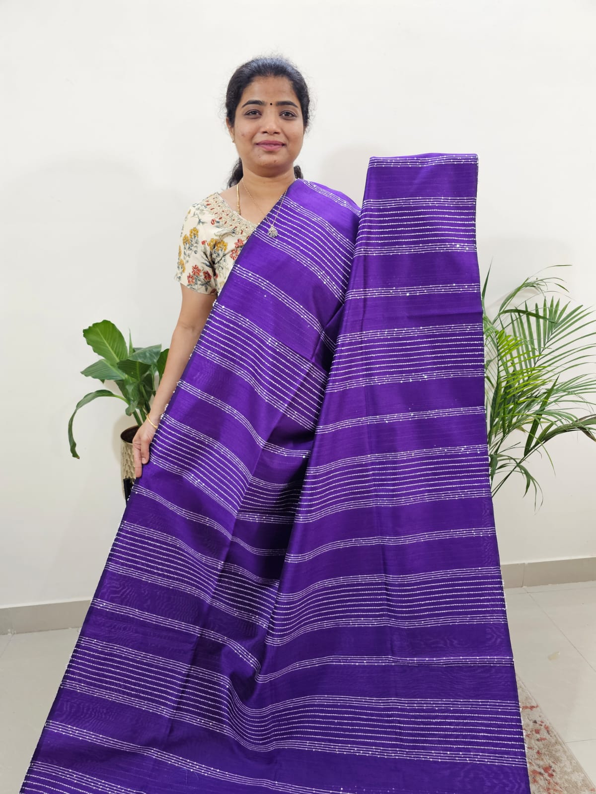 Semi Raw Silk Saree - Purple with Blue