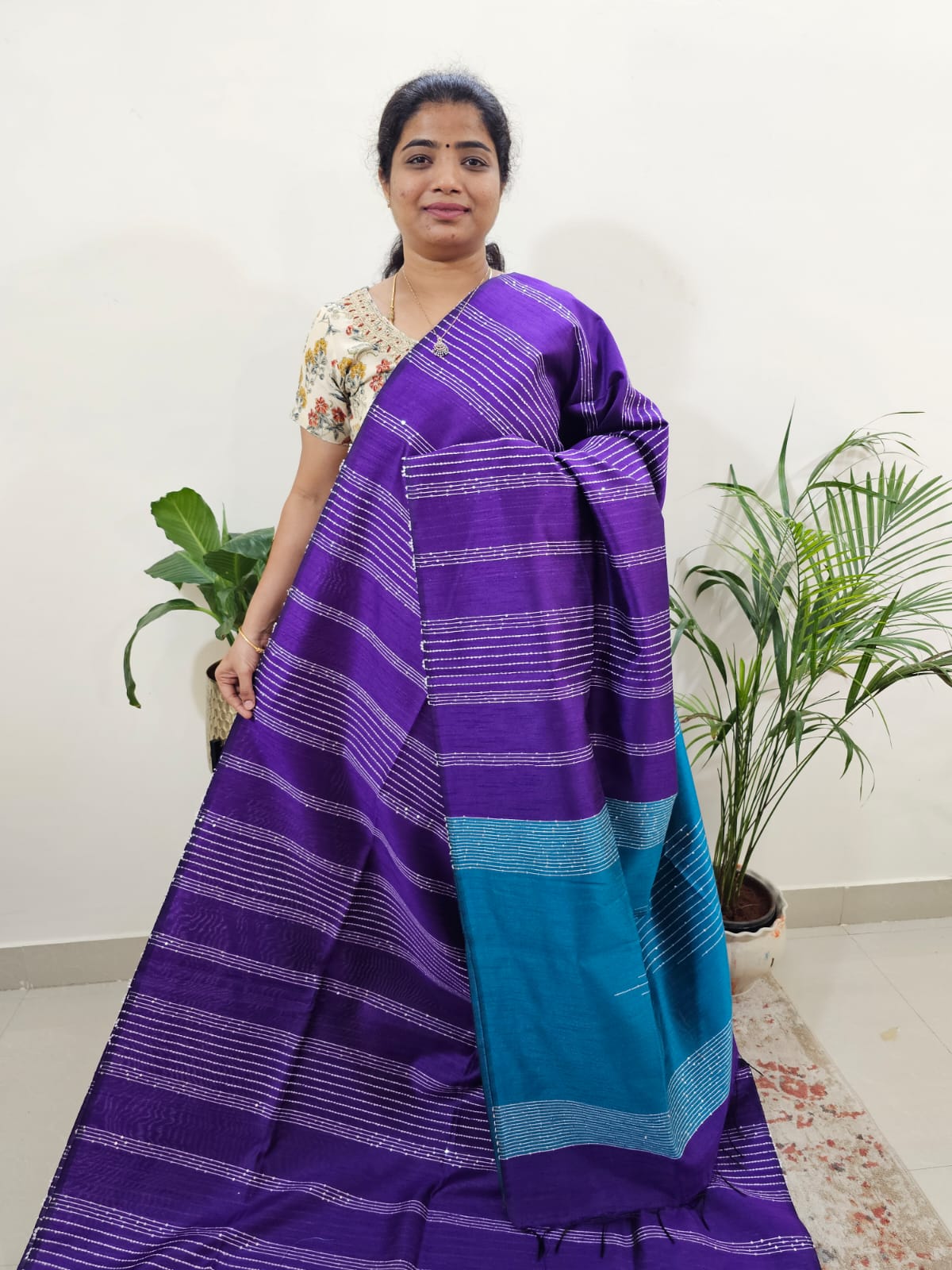 Semi Raw Silk Saree - Purple with Blue
