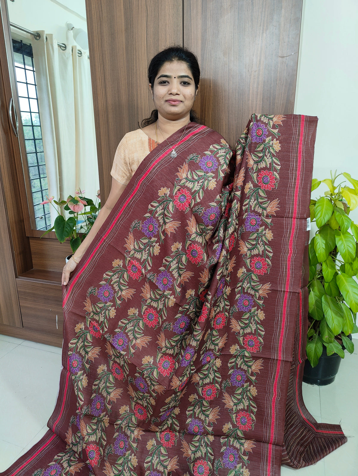 Semi Tussar Kantha Embroidery Digital Printed Saree - Dark Maroon
