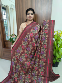 Semi Tussar Kantha Embroidery Digital Printed Saree - Dark Maroon
