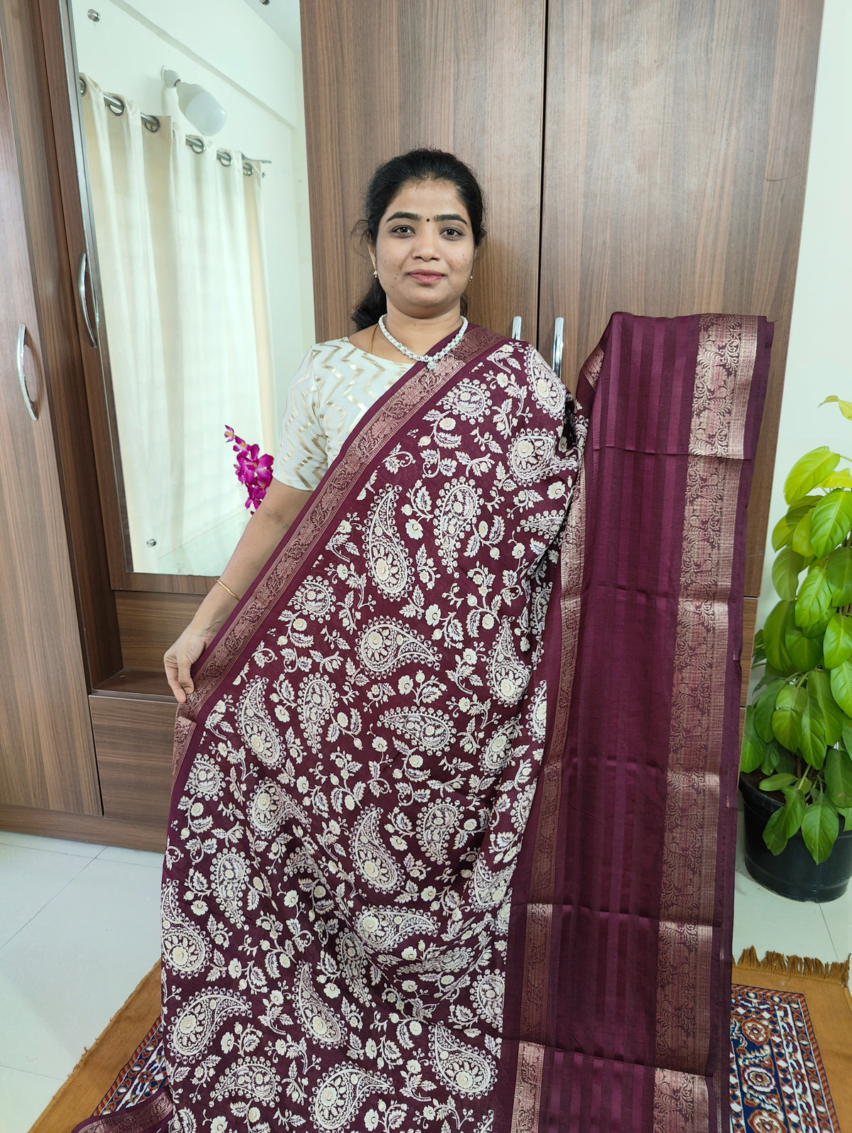 Semi Tussar Georgette with Zari Woven Saree Border - Dark Purple