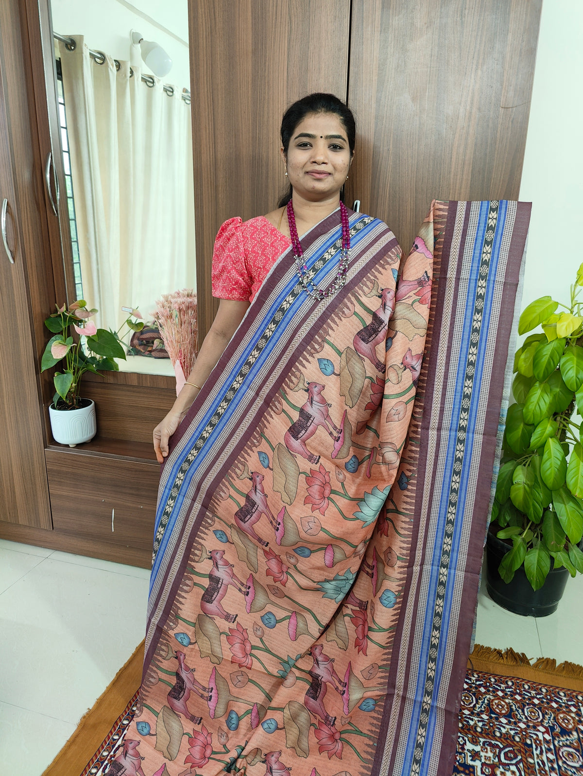 Semi Tussar Pichwai Digital Printed Saree - Dark Peach