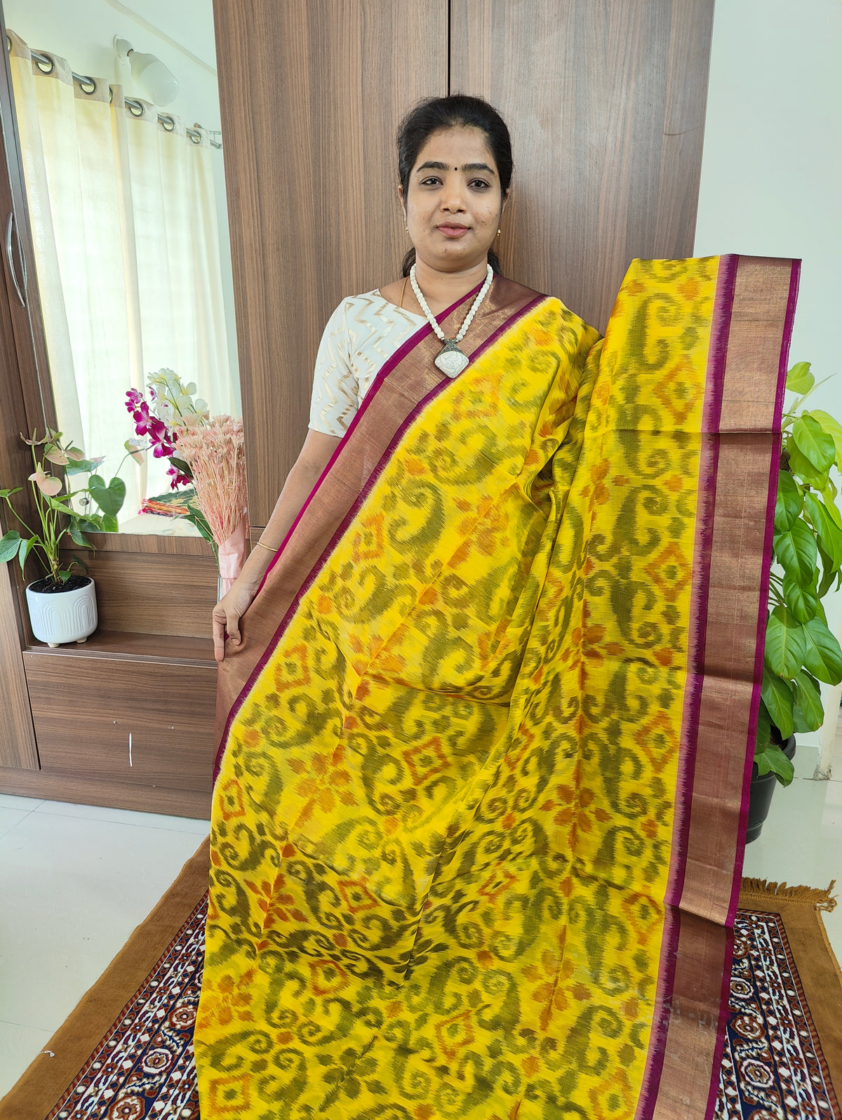 Yellow with Purple Pochampally Ikkat Silk Cotton (SICO Pattu)
