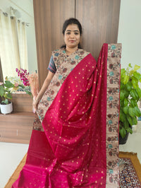 Semi Tussar Kalamkari Patch Work Border with Matching Blouse  -  Pink