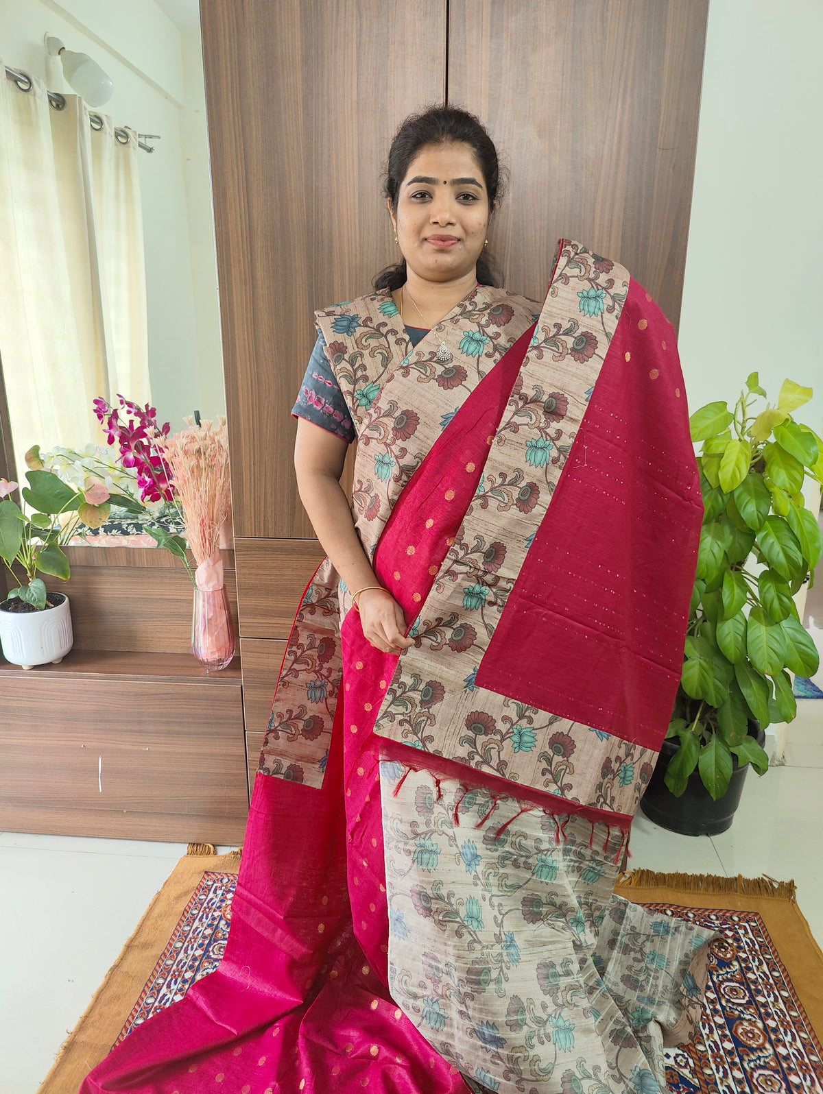 Semi Tussar Kalamkari Patch Work Border with Matching Blouse  -  Pink