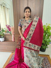 Semi Tussar Kalamkari Patch Work Border with Matching Blouse  -  Pink