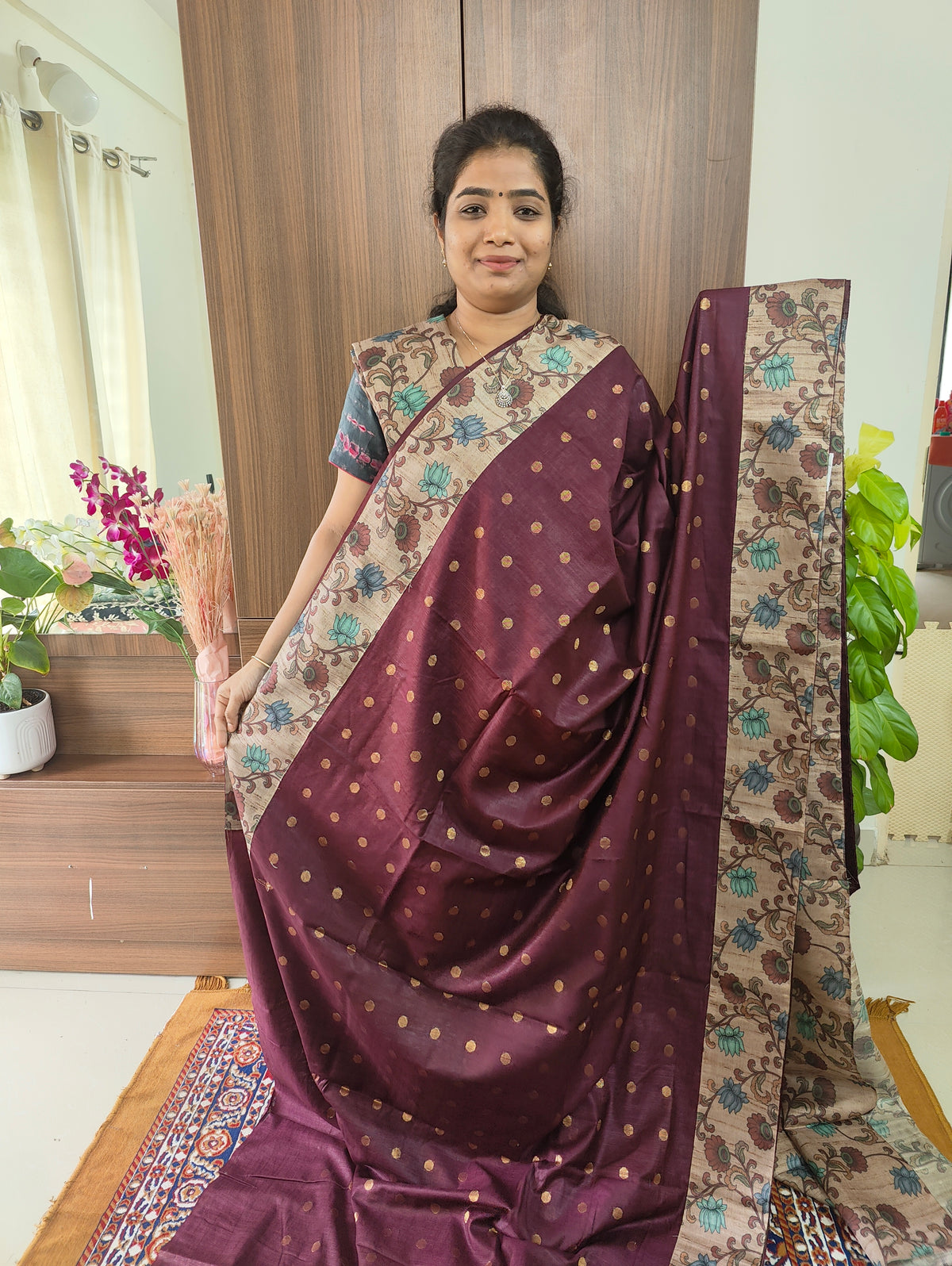 Semi Tussar Kalamkari Patch Work Border with Matching Blouse  -  Purple