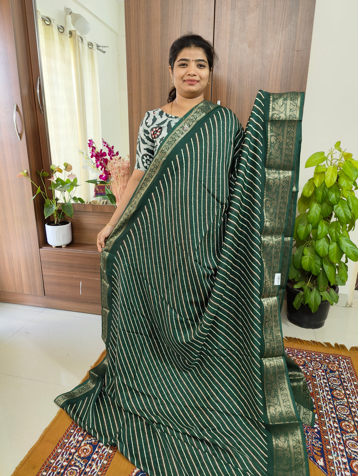 Semi Tussar Georgette with Zari Woven Saree Border -  Bottle Green