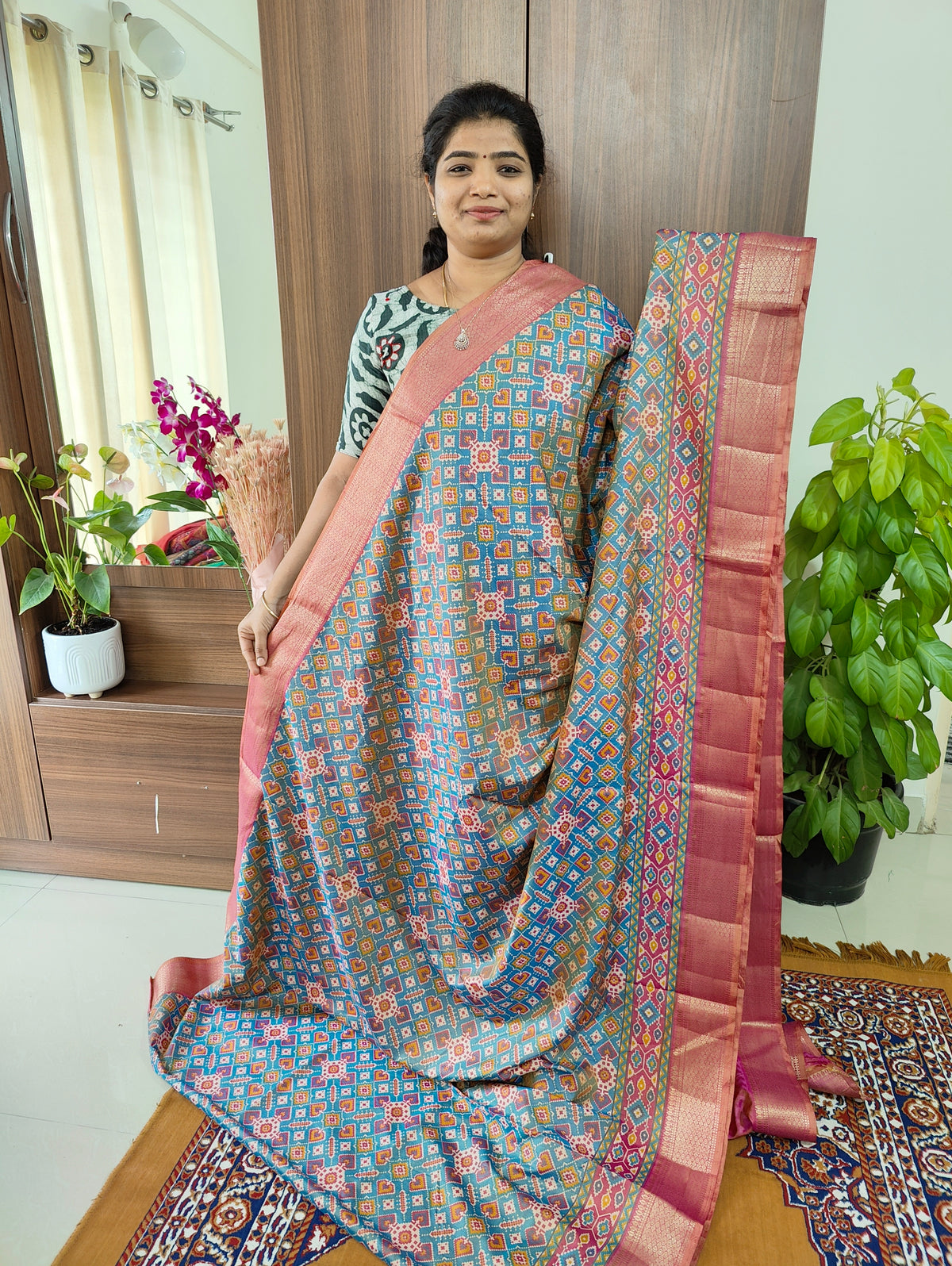 Soft Patola Saree with Zari Woven Border - Pastel Blue with Pink