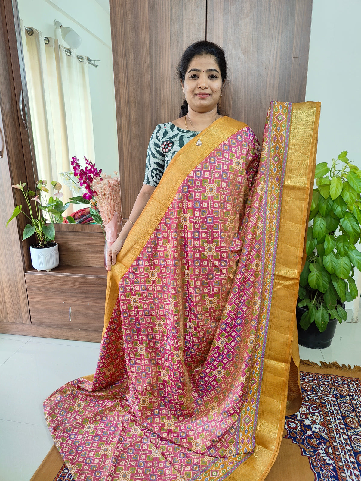 Soft Patola Saree with Zari Woven Border - Pastel Pink with Mustard Yellow