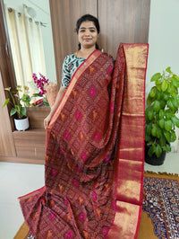 Soft Patola Saree with Kanjivaram Pattern Zari Woven Long Border - Maroon with Pink