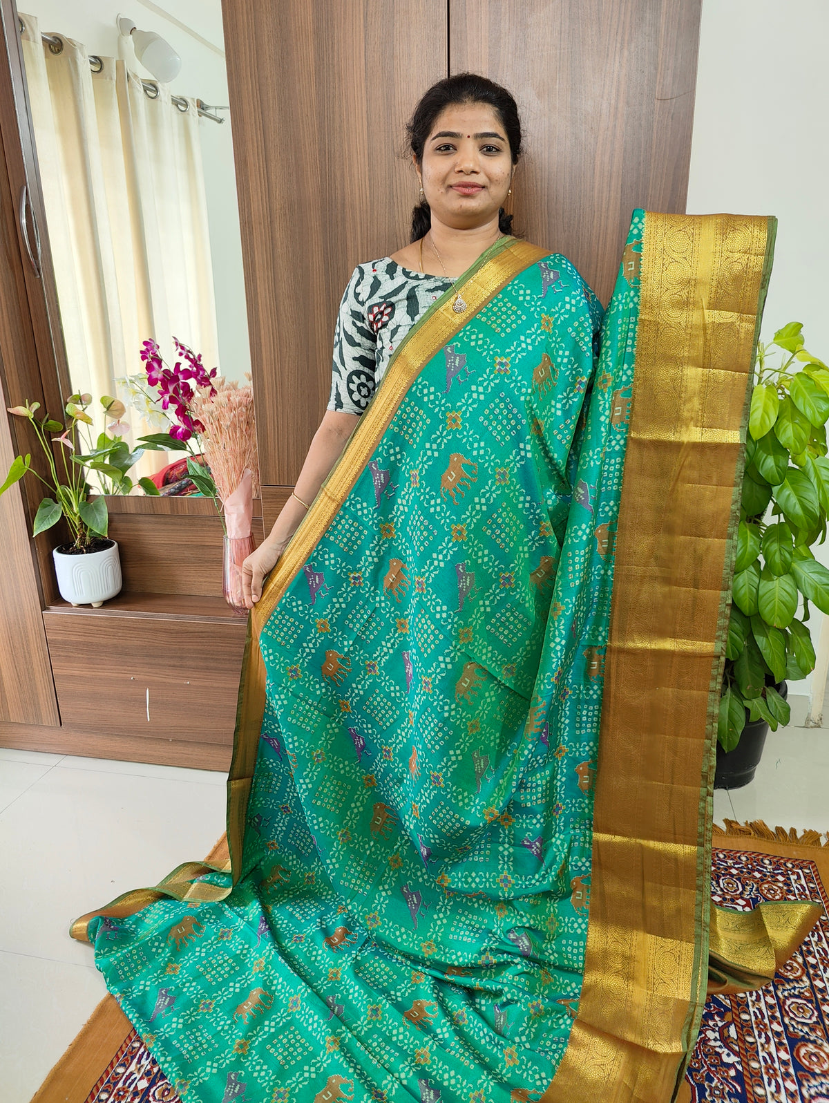 Soft Patola Saree with Kanjivaram Pattern Zari Woven Long Border - Sea Green with Golden Yellow