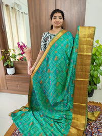 Soft Patola Saree with Kanjivaram Pattern Zari Woven Long Border - Sea Green with Golden Yellow