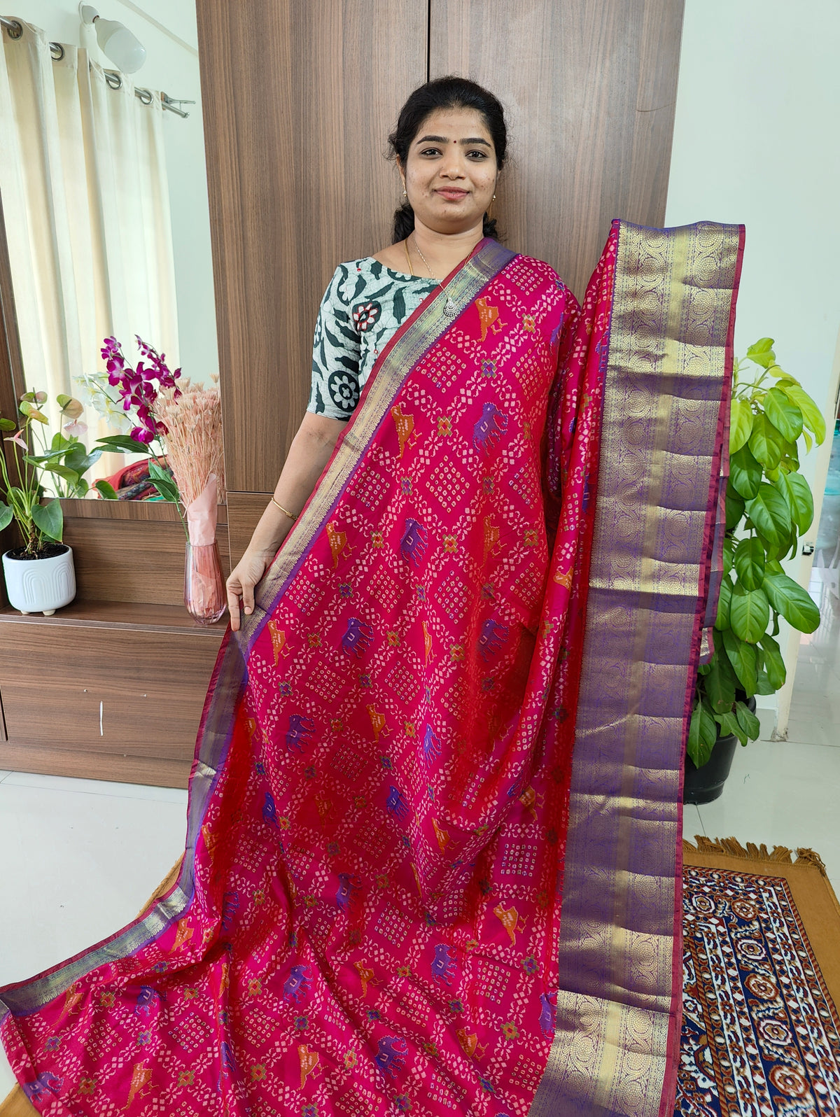Soft Patola Saree with Kanjivaram Pattern Zari Woven Long Border - Pink with Purple