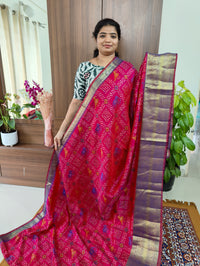 Soft Patola Saree with Kanjivaram Pattern Zari Woven Long Border - Pink with Purple