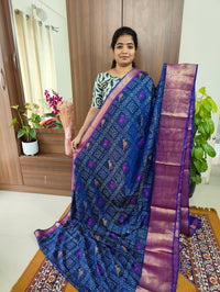 Soft Patola Saree with Kanjivaram Pattern Zari Woven Long Border - Blue with Purple