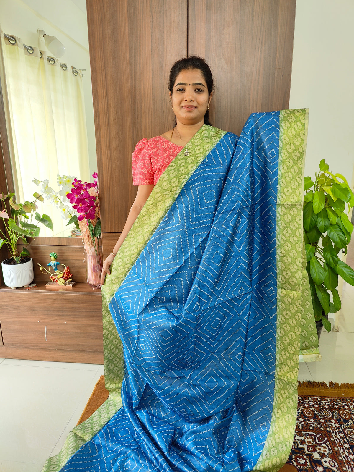 Semi Tussar Digital Prints with Contrast Border - Blue with Green