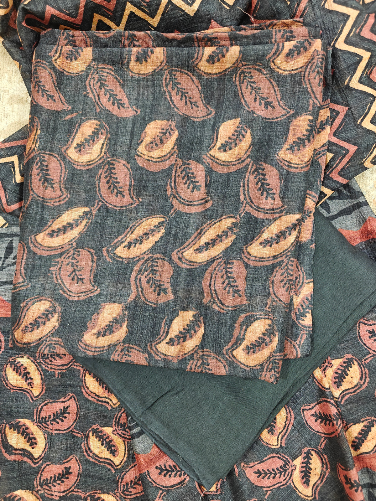 Soft Raw Silk with Batik Prints Unstitched Salwar Suit  - Dark Grey