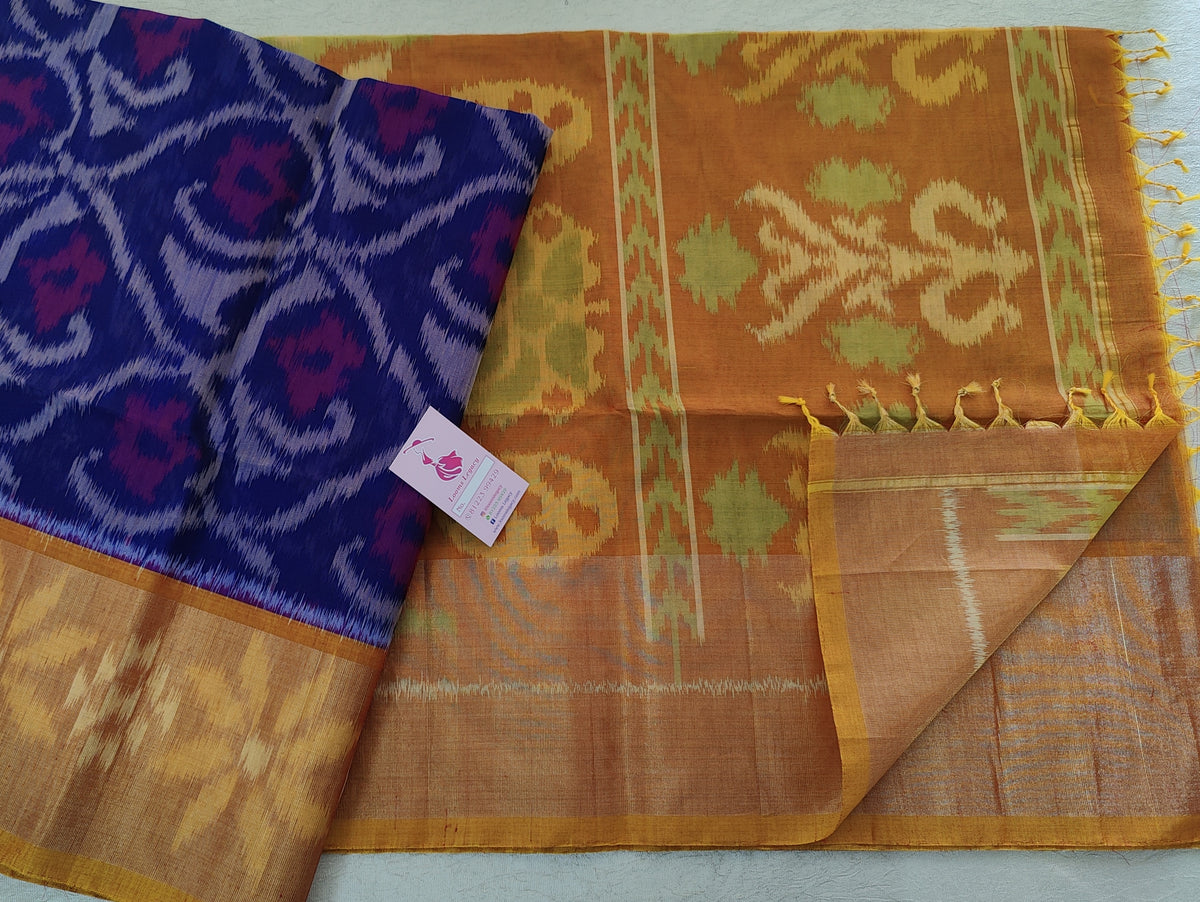 Violet with Mustard Yellow Pochampally Ikkat Silk Cotton (SICO Pattu)