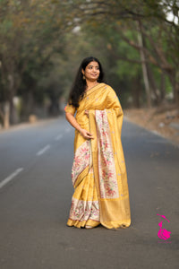 Soft Semi Tussar Weaving with Floral Border - Yellow