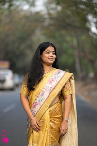 Soft Semi Tussar Weaving with Floral Border - Yellow