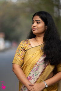 Soft Semi Tussar Weaving with Floral Border - Yellow
