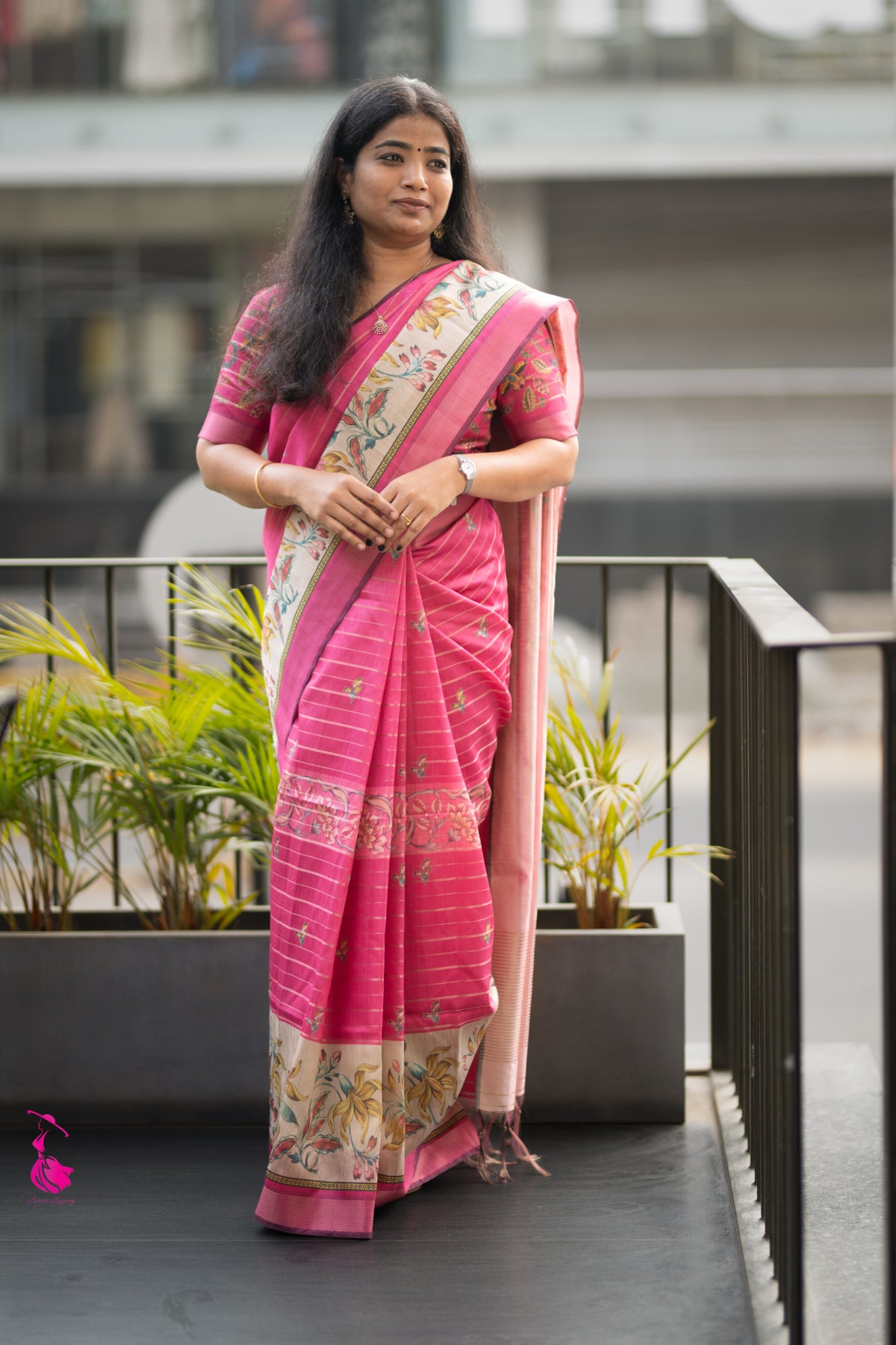 Soft Semi Tussar Weaving with Floral Border - Pink