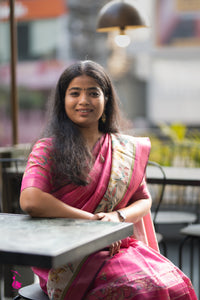 Soft Semi Tussar Weaving with Floral Border - Pink