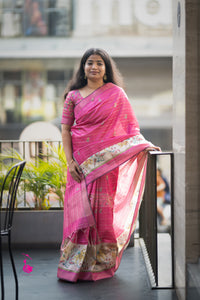 Soft Semi Tussar Weaving with Floral Border - Pink
