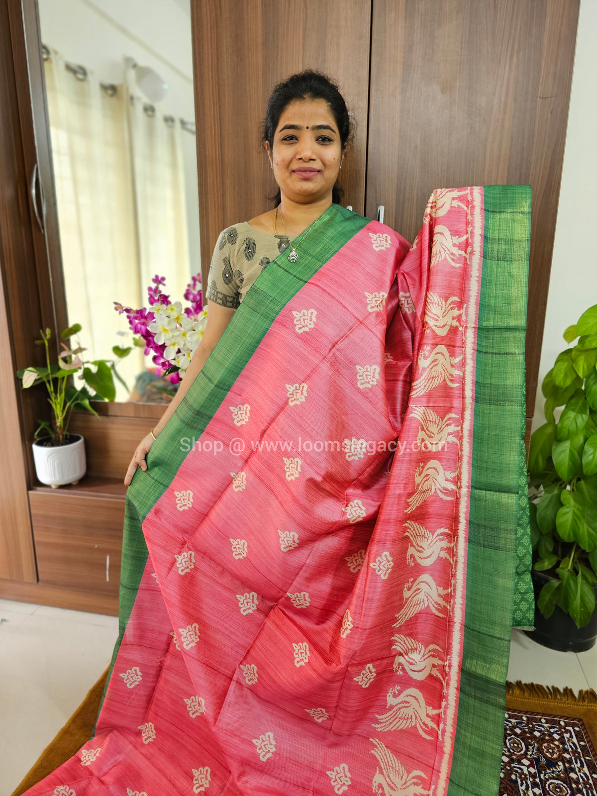 Semi Tussar Digital Prints with Contrast Border - Pink with Green
