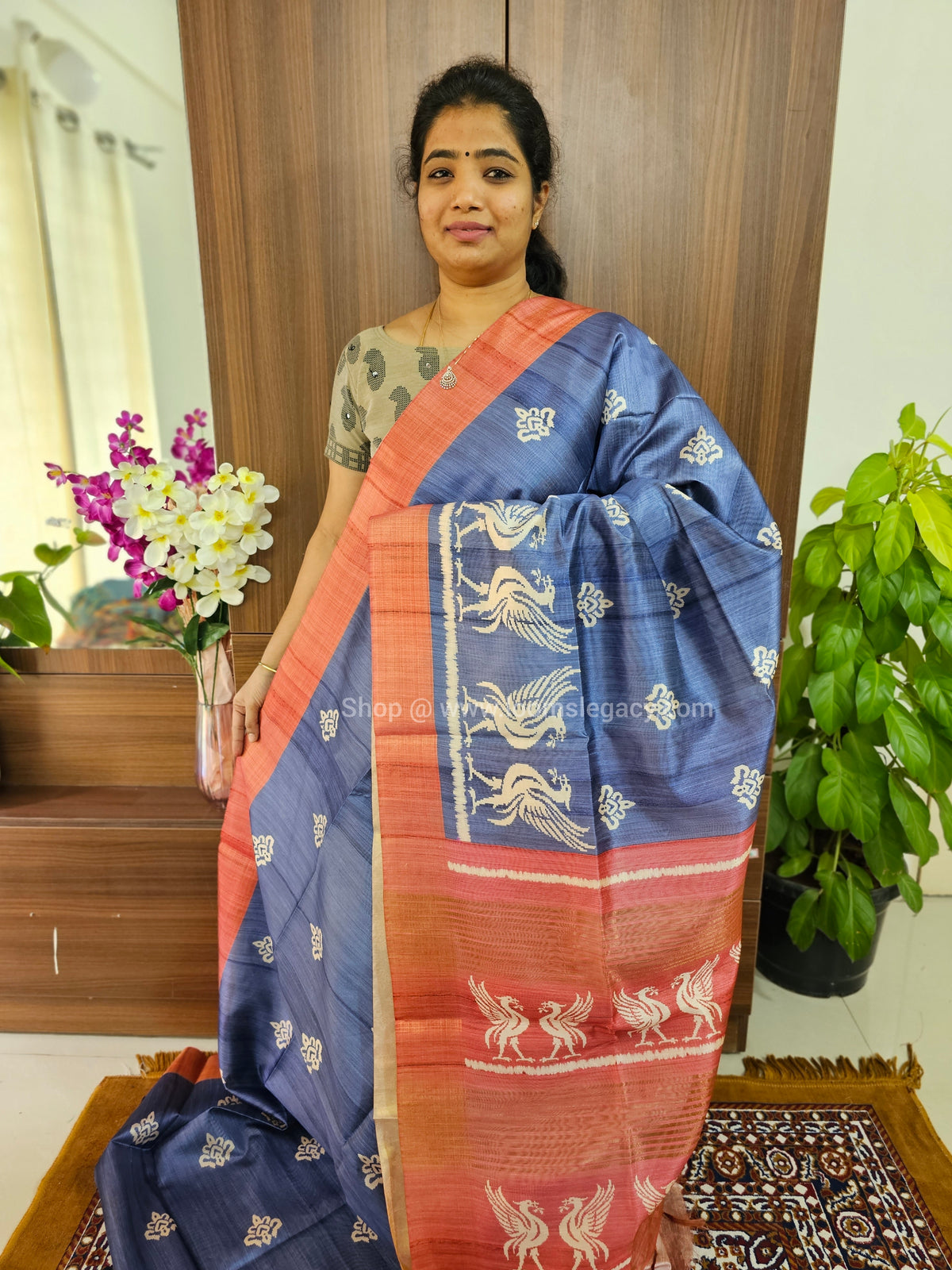 Semi Tussar Digital Prints with Contrast Border - Violet with Peachish Pink