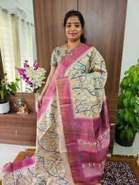 Semi Tussar Digital Prints with Contrast Border - Cream with Pink cum Purple Dual Shade