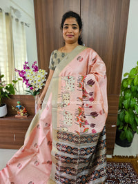 Semi Tussar Digital Prints with Contrast Border - Peach with Grey