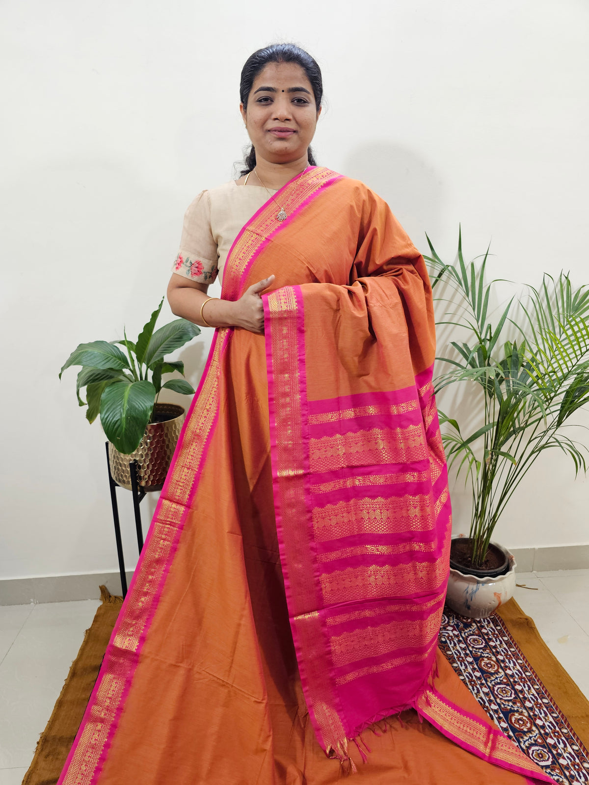 Kalayani Soft Cotton Saree with Borders - Orange with Pink