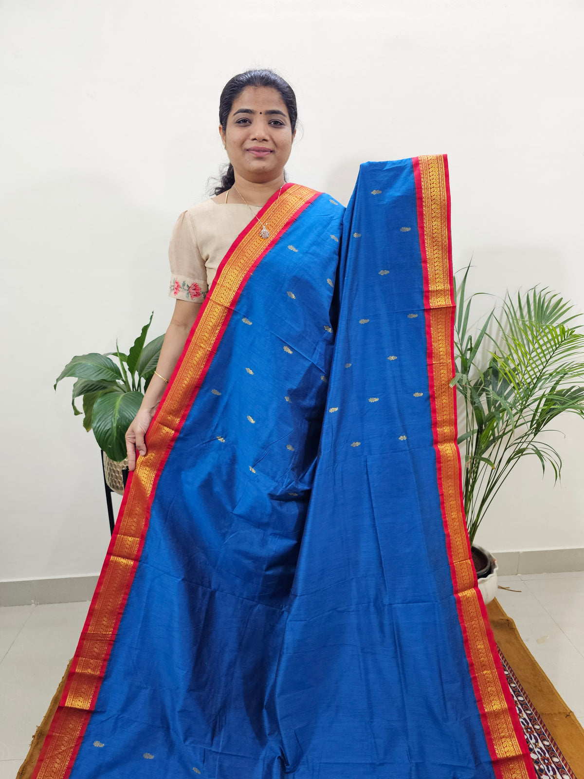 Kalayani Soft Cotton Saree with Borders - Blue with Maroon