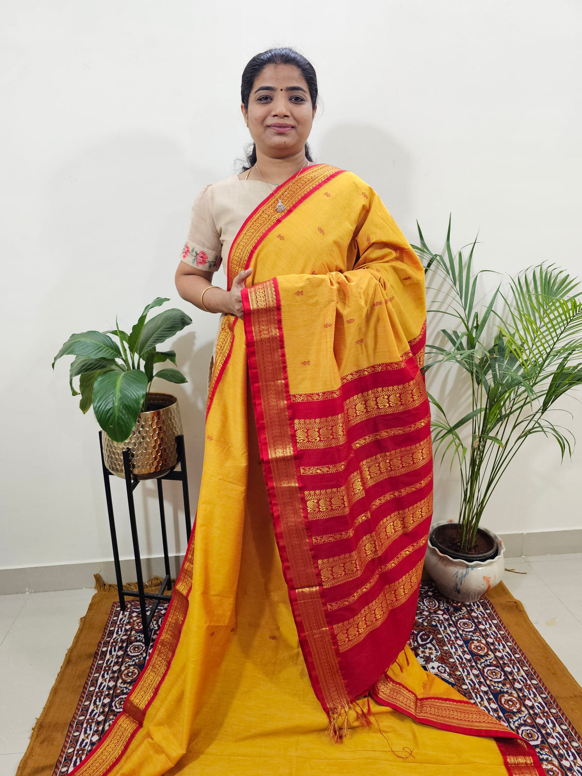 Kalayani Soft Cotton Saree with Borders - Yellow with Red