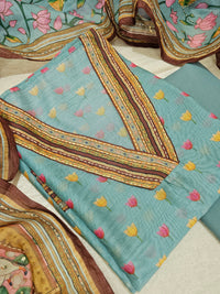 Semi Tussar with Kantha Unstitched Salwar Suit - Sea Blue