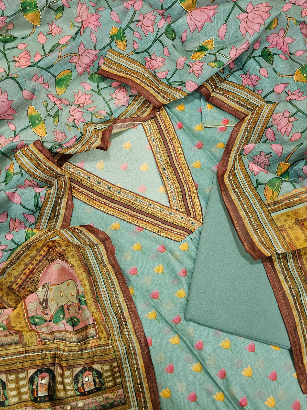 Semi Tussar with Kantha Unstitched Salwar Suit - Sea Blue