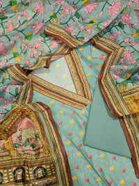 Semi Tussar with Kantha Unstitched Salwar Suit - Sea Blue