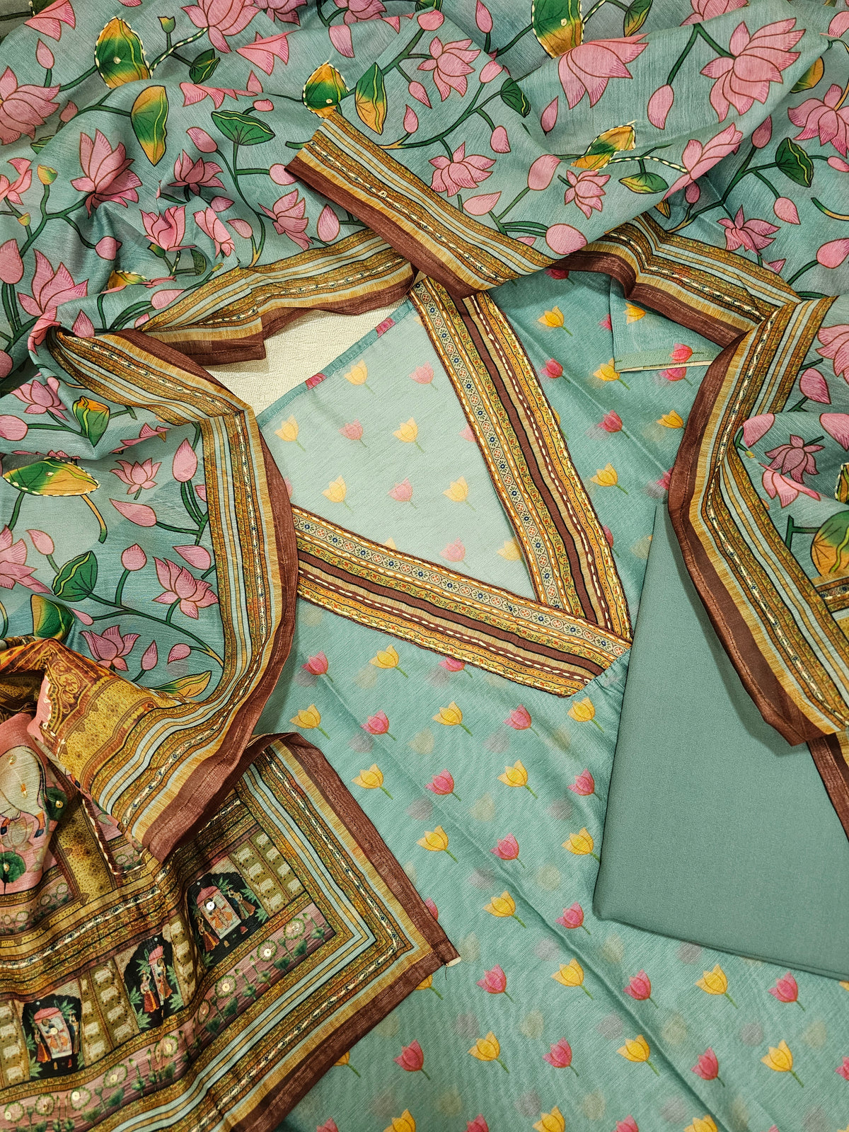 Semi Tussar with Kantha Unstitched Salwar Suit - Sea Blue