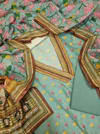 Semi Tussar with Kantha Unstitched Salwar Suit - Sea Blue