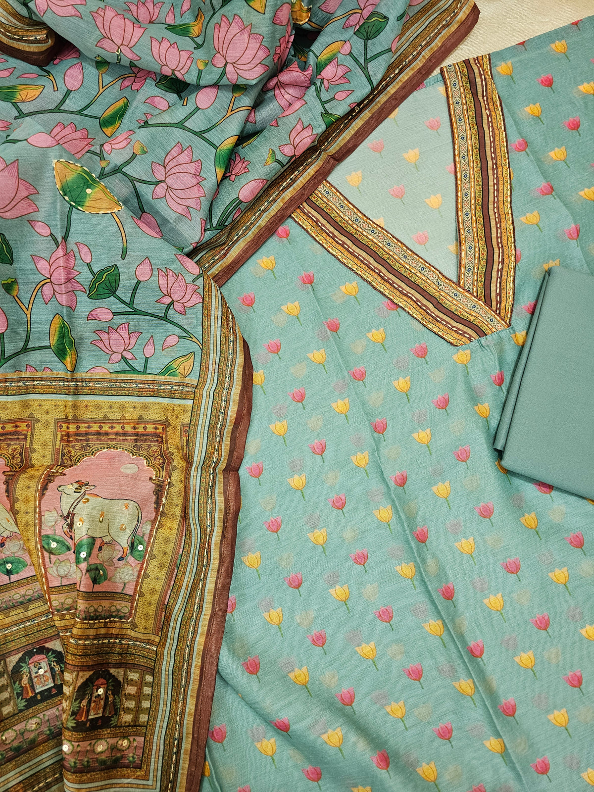Semi Tussar with Kantha Unstitched Salwar Suit - Sea Blue