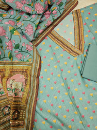 Semi Tussar with Kantha Unstitched Salwar Suit - Sea Blue