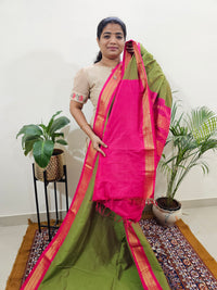 Kalayani Soft Cotton Saree with Borders - Green with Pink