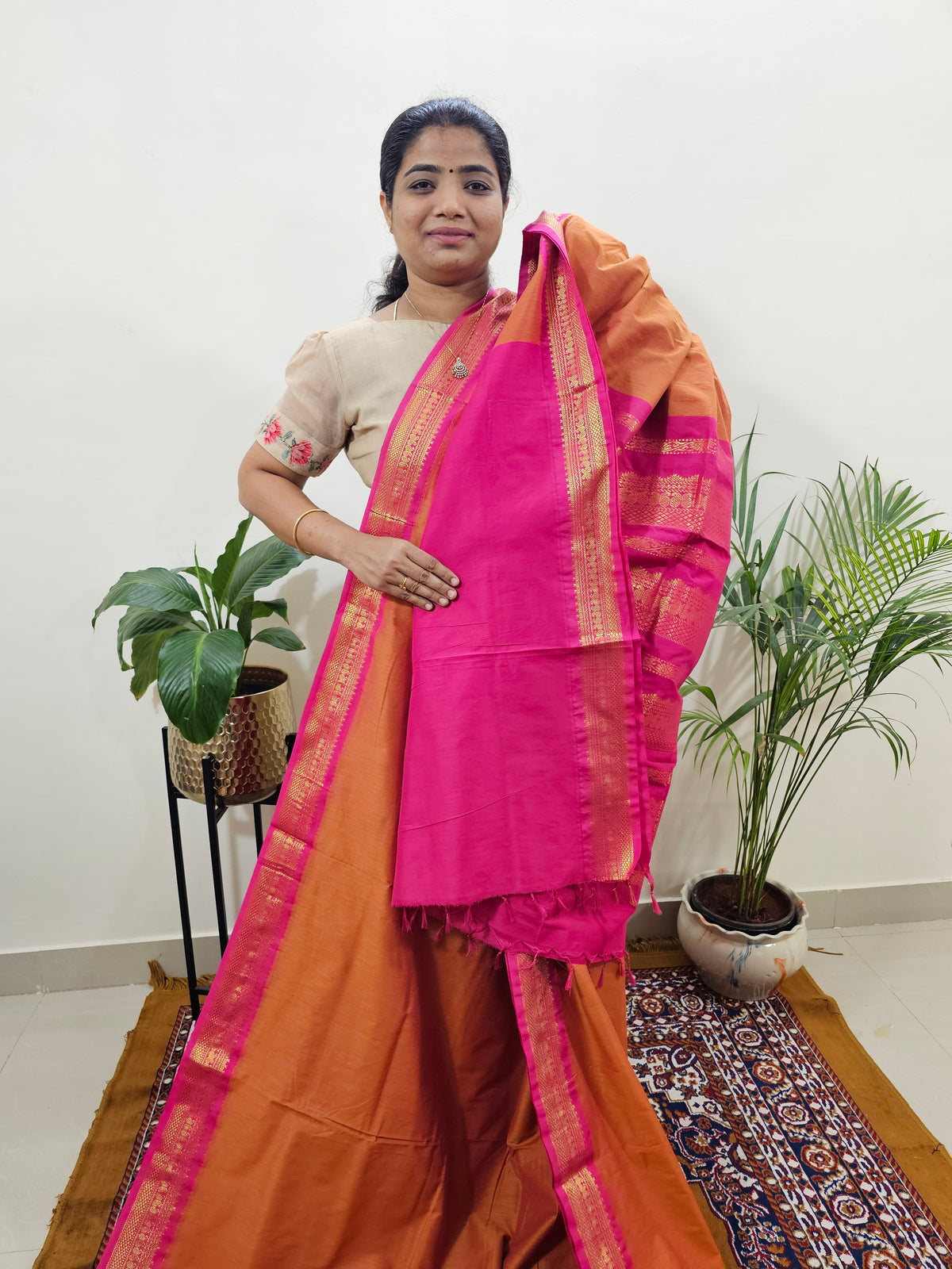Kalayani Soft Cotton Saree with Borders - Orange with Pink