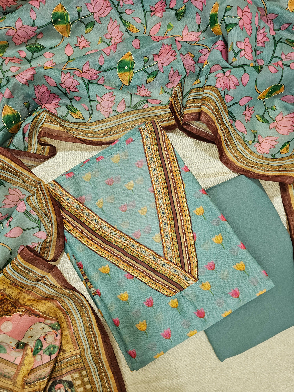 Semi Tussar with Kantha Unstitched Salwar Suit - Sea Blue