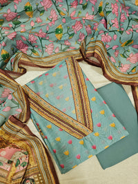 Semi Tussar with Kantha Unstitched Salwar Suit - Sea Blue